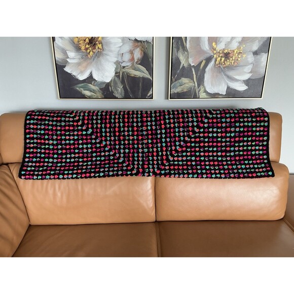 Handmade Afghan Crochet Blanket  58"x54" Retro Neon Black Cottage - Picture 1 of 4